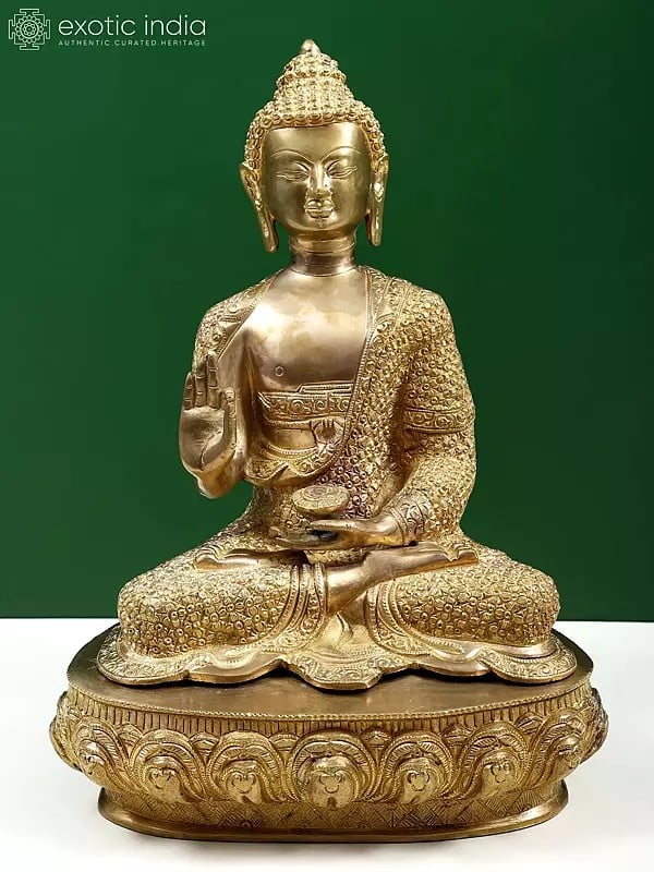 16" Shakyamuni Buddha in Teaching Mudra with Lotus on His Garment and Om Mani Padme Hum on Reverse In Brass | Handmade | Made In India