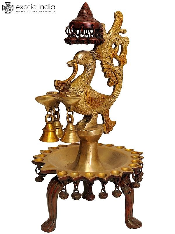 14" Peacock Lamp with Ghungroos and Bells in Brass | Handmade | Made in India