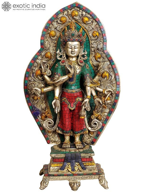 20" Large Size Eight Armed Avalokiteshvara with Ornamented Aureole (Tibetan Buddhist Deity) In Brass | Handmade | Made In India