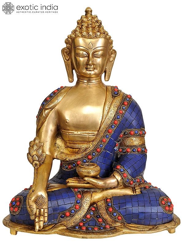 14" Tibetan Buddhist Lapis Buddha of Healing (Inlay Work) In Brass | Handmade | Made In India