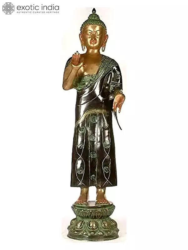 33" Large Size Standing Buddha Idol Granting Abhaya | Handmade Brass Statue | Made in India