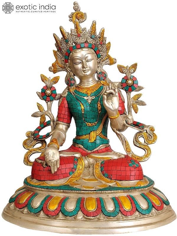 18" Inlay Statue of White Tara | Tibetan Buddhist Deity Brass  Idol