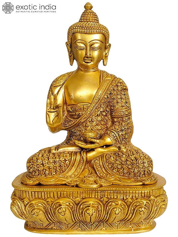 10" Shakyamuni Buddha  Preaching His Dharma (with Decorated Robe and Auspicious Symbols on Reverse) In Brass | Handmade | Made In India