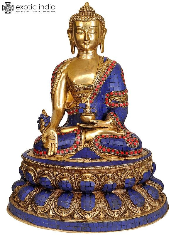 16" (Tibetan Buddhist Deity) The Medicine Buddha - Scenes from the Life of Buddha Depicted on Reverse In Brass | Handmade | Made In India