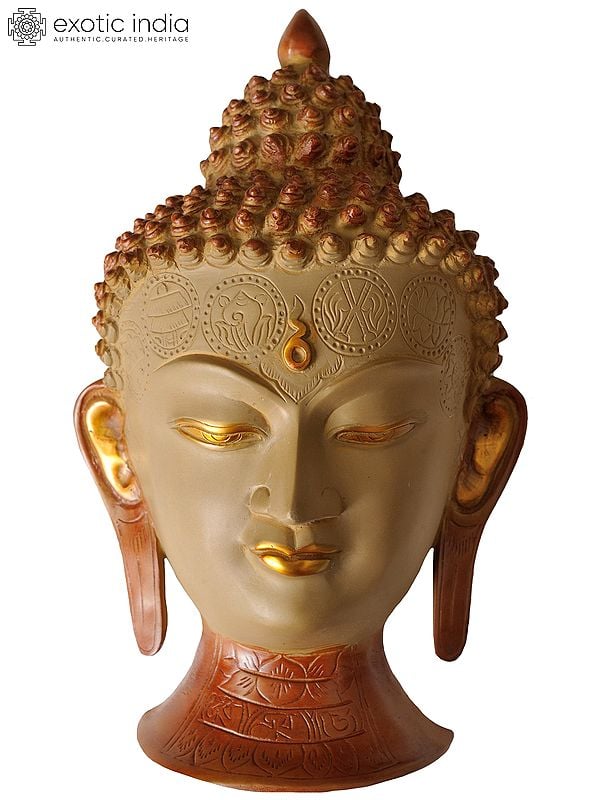 11" Lord Buddha Wall Hanging Mask (Forehead Engraved with Auspicious Symbols) in Brass | Handmade | Made in India