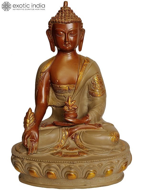 12" The Medicine Buddha Seated on Lotus Pedestal (Tibetan Buddhist Deity) In Brass | Handmade | Made In India