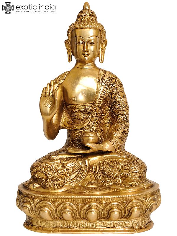 10" Preaching Buddha (Robes Decorated with Auspicious Symbols) In Brass | Handmade | Made In India