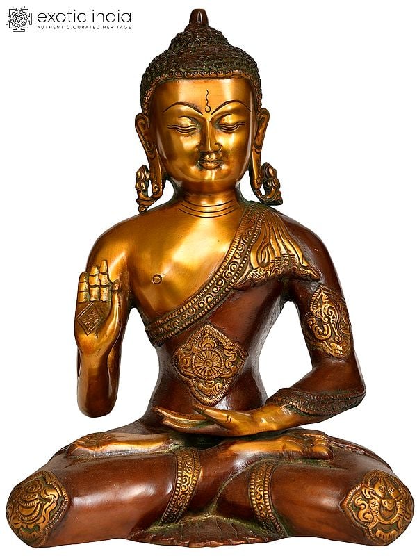 11" Tibetan Buddhist Deity Lord Buddha with Ashtamangala on His Robe In Brass | Handmade | Made In India