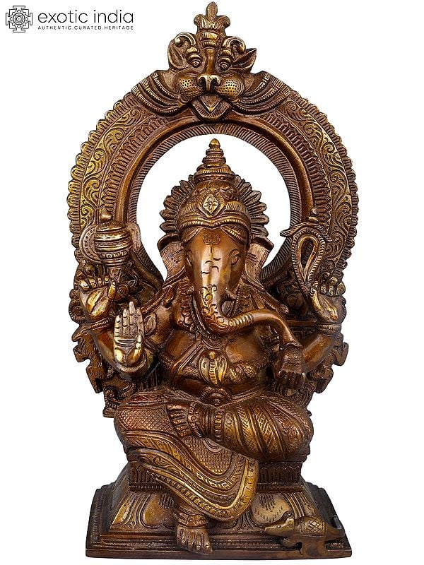 12" Lord Ganesha Idol on Kirtimukha Throne | Handmade Brass Statue | Made in India