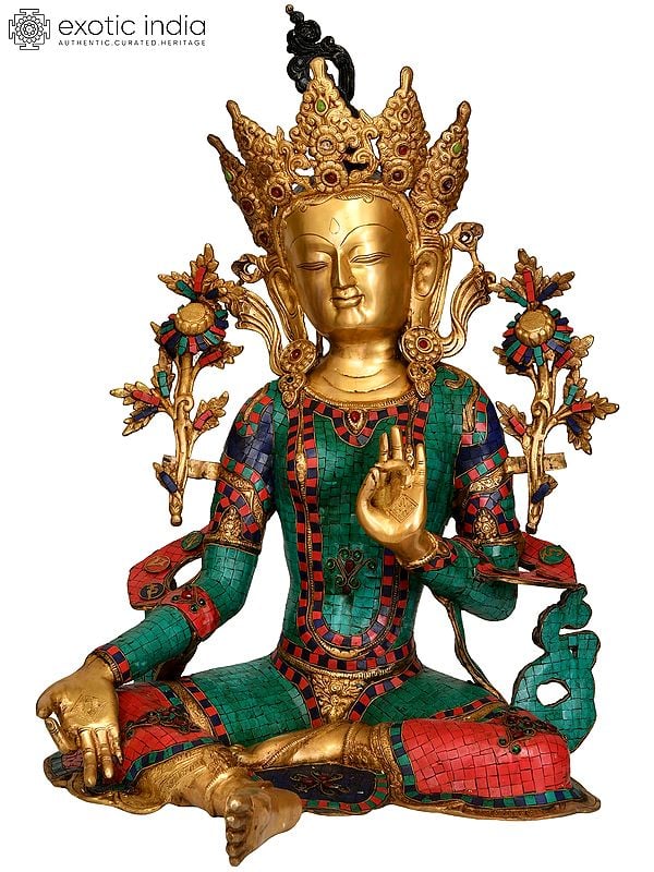 27" (Tibetan Buddhist Deity) Large Size Goddess Green Tara In Brass | Handmade | Made In India