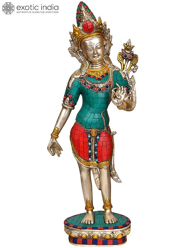 17" Tibetan Buddhist Deity- Standing Tara In Brass | Handmade | Made In India