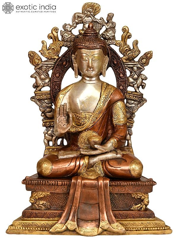 11" Lord Buddha Seated on Six-Ornament Throne of Enlightenment In Brass | Handmade | Made In India