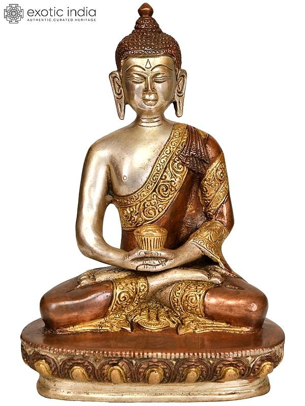 8" Meditating Lord Buddha with Pindapatra -Tibetan Buddhist In Brass | Handmade | Made In India