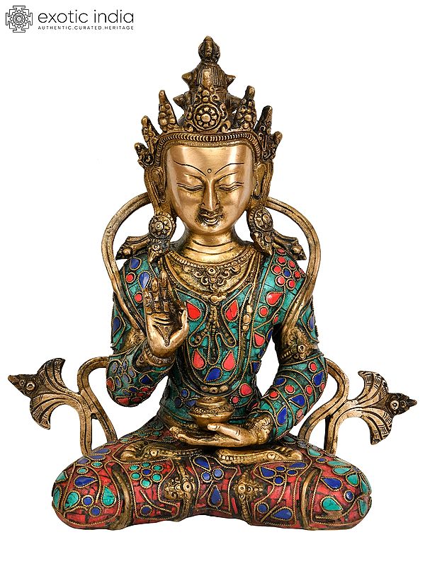 10" Buddhist Deity Crowned Buddha Preaching His Dharma | Handmade Brass Statue | Made in India