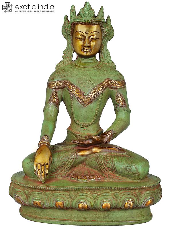 9" Tibetan Buddhist Deity Crowned Buddha in Bhumisparsha Mudra In Brass | Handmade | Made In India