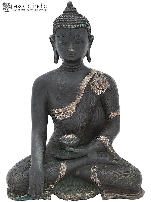 8" Bhumisparsha Buddha Adorned in a Floral Robe | Handmade Indian Brass Idol