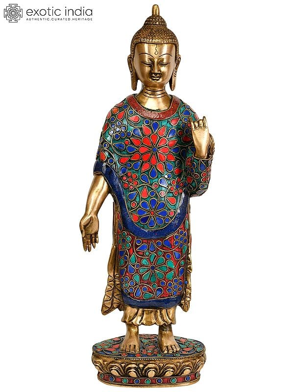 15" Standing Buddha in Varada Mudra In Brass | Handmade | Made In India