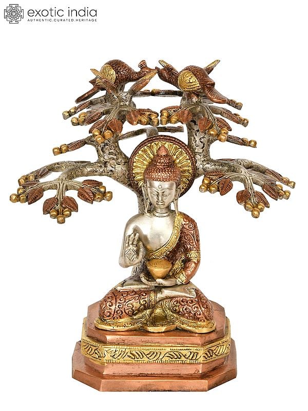 9" Lord Buddha Preaching Under The Bodhi Tree (Tibetan Buddhist) in Brass | Handmade | Made In India