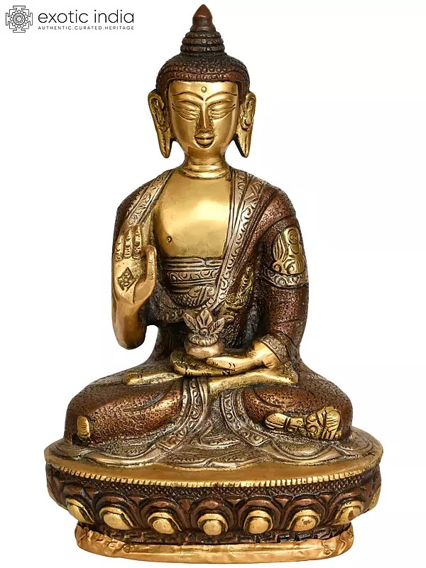 8" Buddhist Deity Preaching Buddha with Carved Robe | Handmade Brass Idol | Made in India