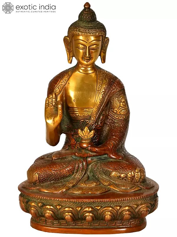 8" Buddhist Deity Preaching Buddha with Carved Robe | Handmade Brass Idol | Made in India