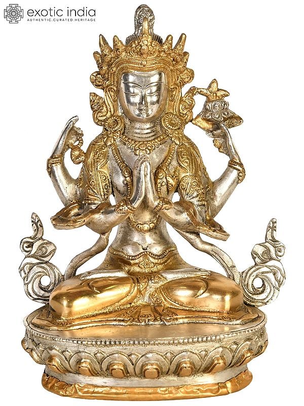 8" Tibetan Buddhist Deity: Chenrezig (Shadakshari Lokeshvara) In Brass | Handmade | Made In India