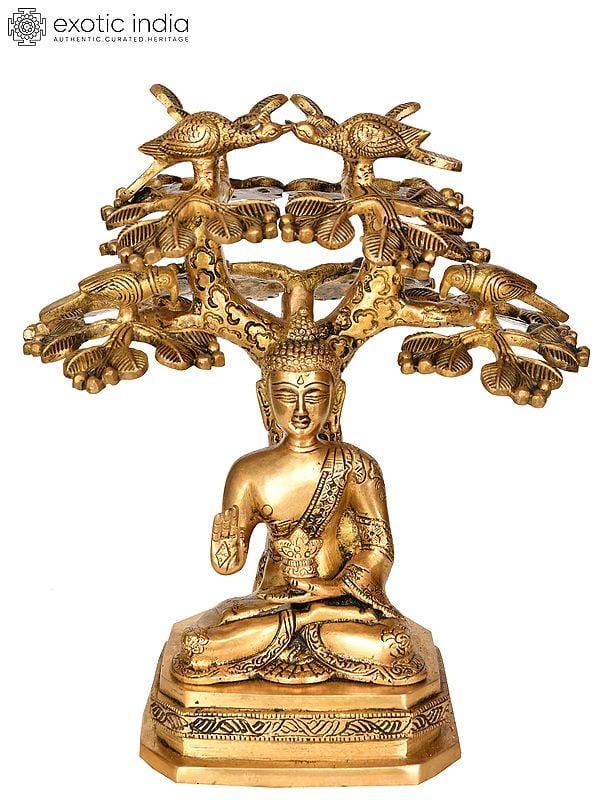 11" Lord Buddha Preaching Under The Boddhi Tree (Tibetan Buddhist) In Brass | Handmade | Made In India