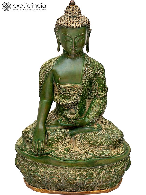 21" Lord Buddha in Mara Vijay Mudra Wearing a Fine Carved Robe (Tibetan Buddhist) In Brass | Handmade | Made In India