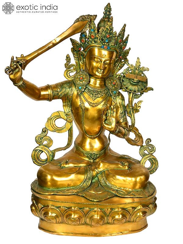 39" Large Size Manjushri - Bodhisattva of Transcendent Wisdom (Tibetan Buddhist Deity) In Brass | Handmade | Made In India