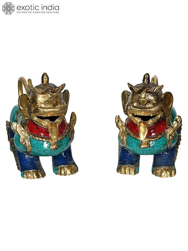 12" Leonine Temple Guards In Brass | Handmade | Made In India