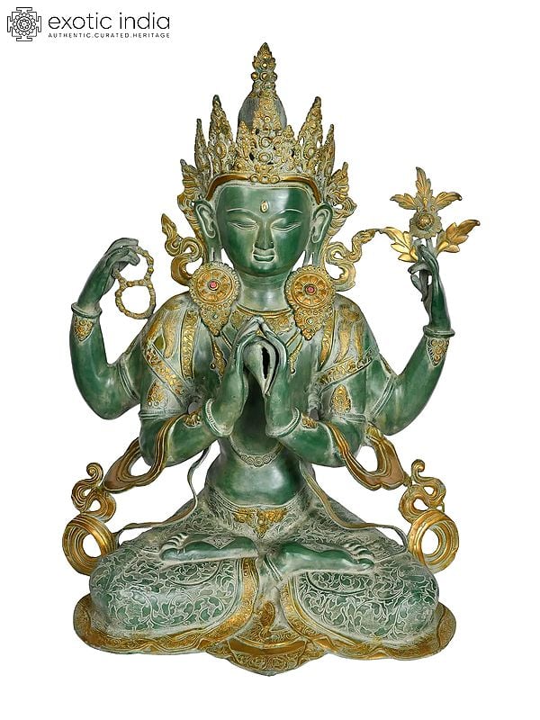 31" Large Size Tibetan Buddhist Deity Chenrezig (Four Armed Avalokiteshvara) In Brass | Handmade | Made In India