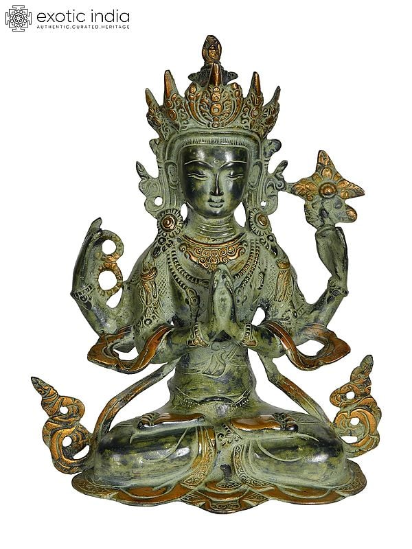 10" Chenrezig - Four Armed Avalokiteshvara (Tibetan Buddhist Deity) In Brass | Handmade | Made In India