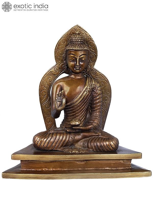 7" Tibetan Buddhist Seated Buddha, Aureole Matching His Silhouette In Brass | Handmade | Made In India