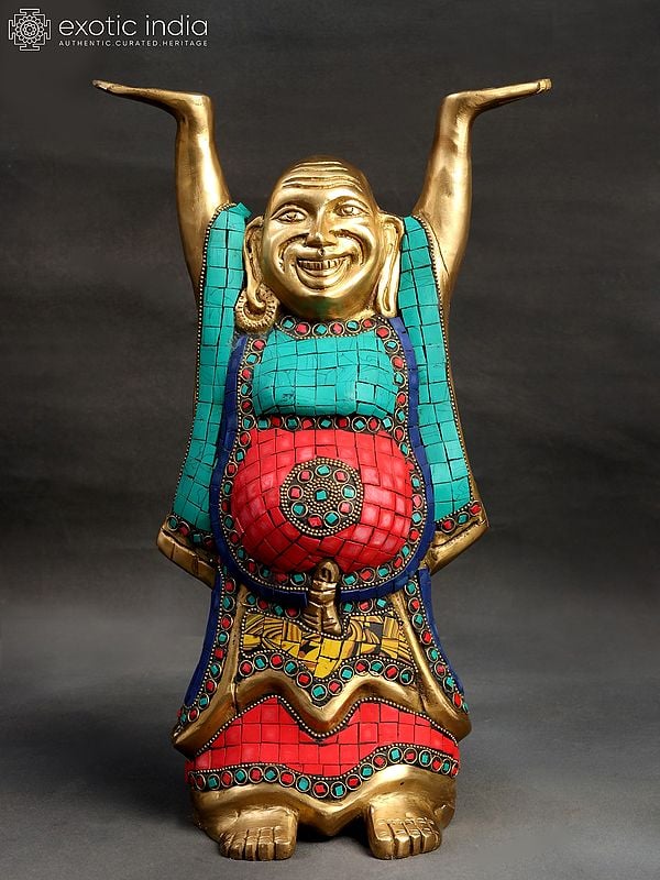 13" Tibetan Buddhist Laughing Buddha Brass Statue | Symbol of Joy & Prosperity