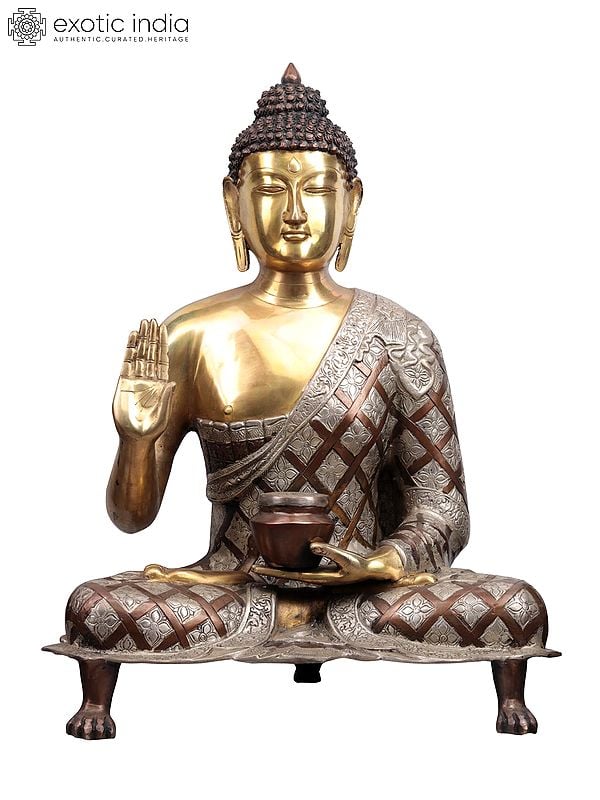 25" Tibetan Buddhist Deity Blessing Buddha Brass Idol | Handcrafted Spiritual Sculpture