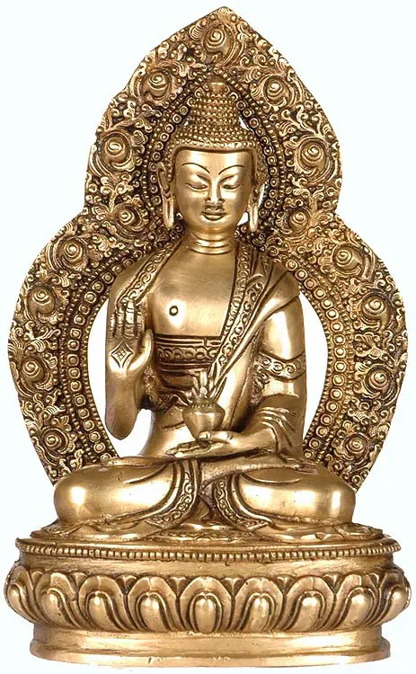 9" Preaching Buddha with Aureole in Brass - Handmade Tibetan Buddhist Statue, Authentic Indian Craft
