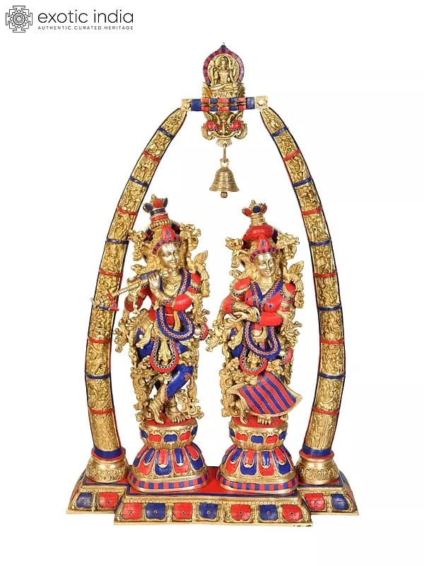 46" Large Size Radha Krishna with Arch Showing Krishna Leela In Brass | Handmade | Made In India