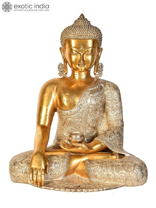 17" Tibetan Buddhist Lord Buddha Wearing a Carved Robe in Earth Touching Gesture In Brass | Handmade | Made In India