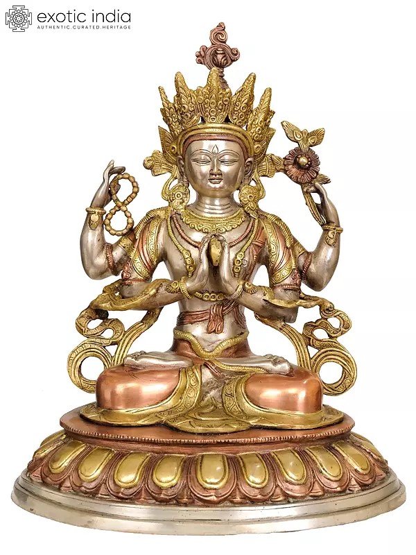 18" Tibetan Buddhist Deity Chenrezig (Four-Armed Avalokiteshvara) In Brass | Handmade | Made In India