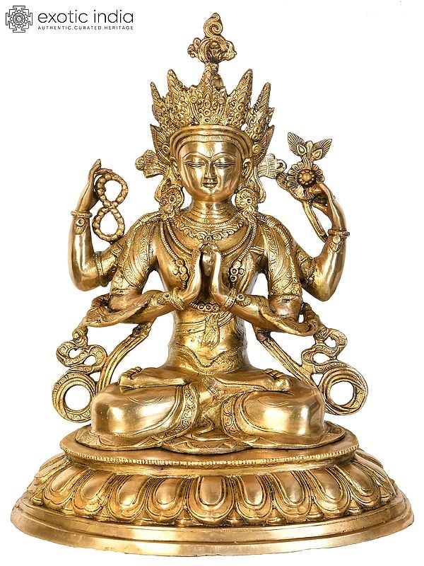 18" Tibetan Buddhist Deity Chenrezig (Four-Armed Avalokiteshvara) In Brass | Handmade | Made In India