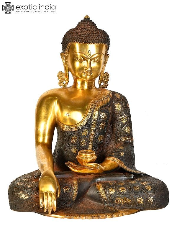 17" Lord Buddha Wearing a Carved Robe (Tibetan Buddhist) In Brass | Handmade | Made In India