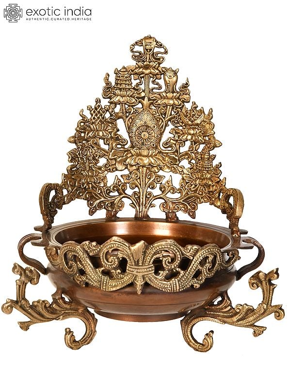 11" Tibetan Buddhist Ashtamangala Urli in Brass | Handmade | Made in India