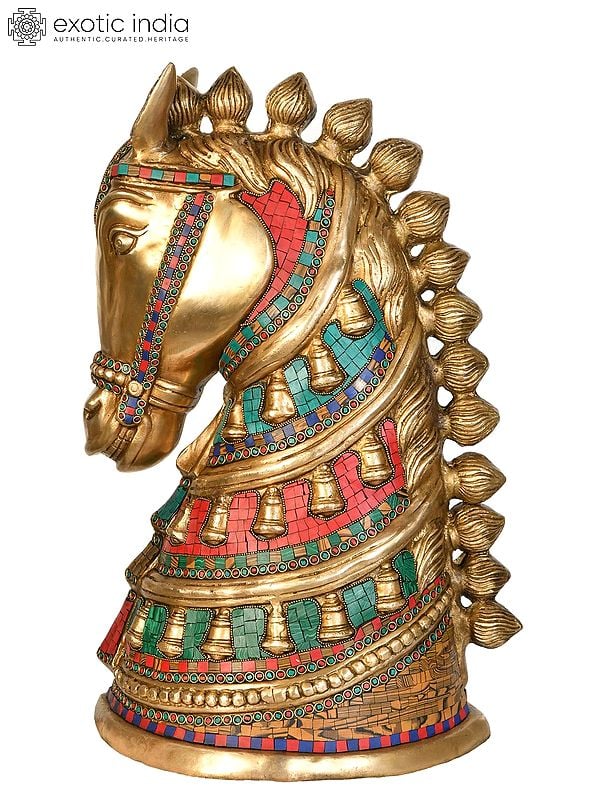 Royal Horse Head Brass Figurine with Intricate Inlay Work