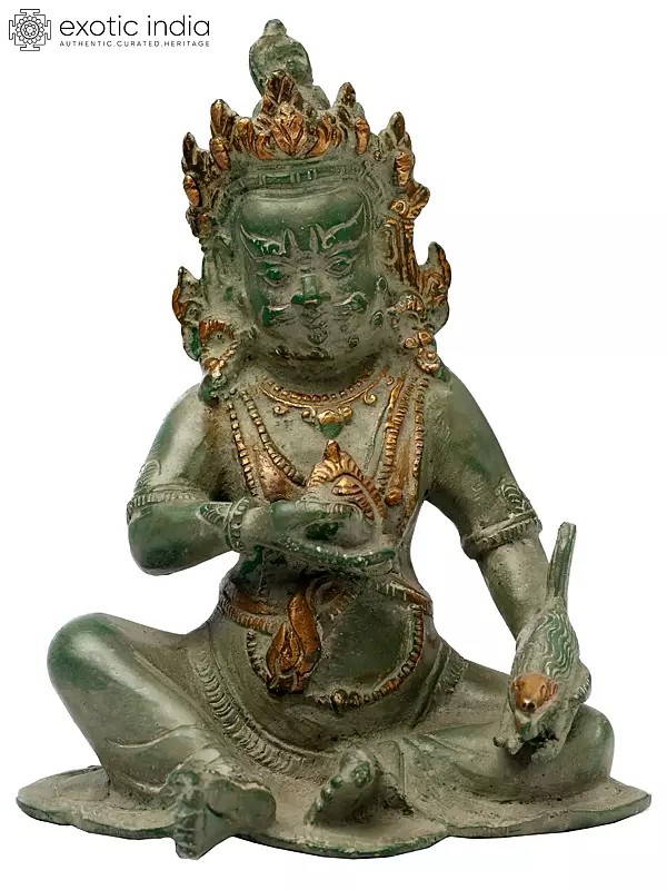 6" Tibetan Buddhist Kubera with Jewel and Nakula (Mongoose) | Handmade Brass Statue