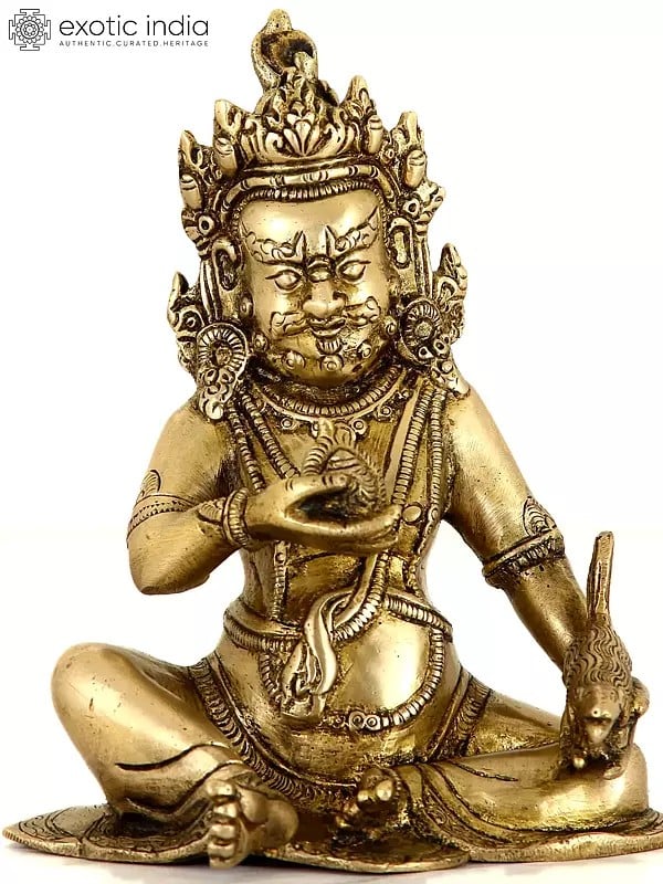 6" Tibetan Buddhist Kubera with Jewel and Nakula (Mongoose) | Handmade Brass Statue