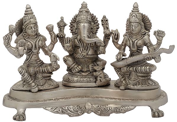 6" Small Lakshmi Ganesha and Saraswati Brass Sculpture