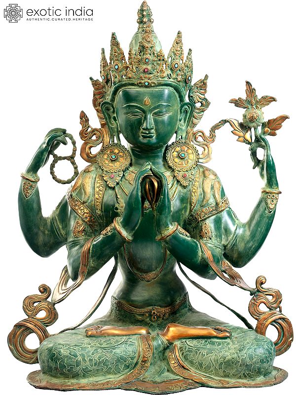 31" Tibetan Buddhist Deity Large Size Shadakshari Lokeshvara (Chenrezig) In Brass | Handmade | Made In India