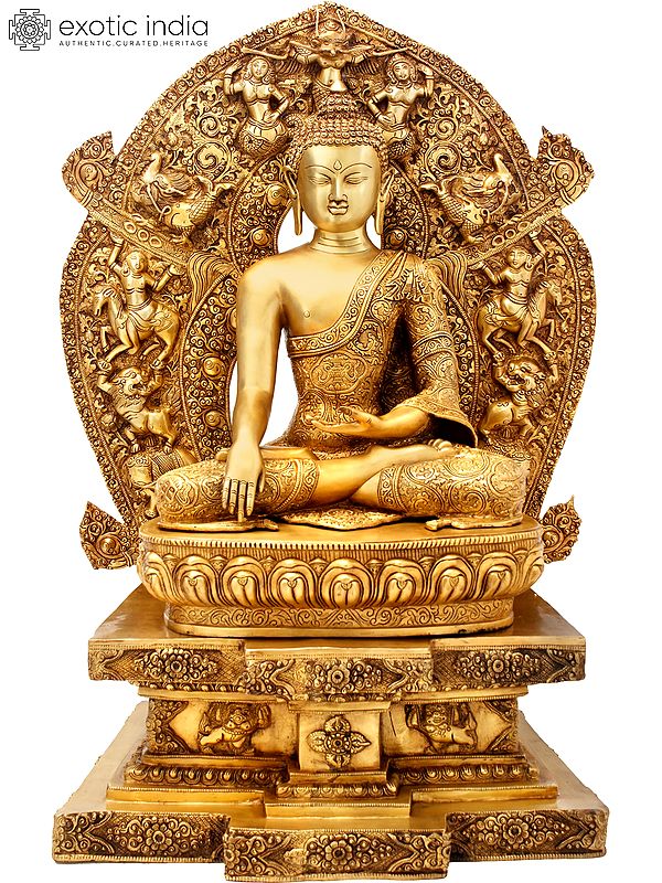 34" Large Size - Lord Buddha Seated on Six-Ornament throne of Enlightenment (Tibetan Buddhist) in Brass