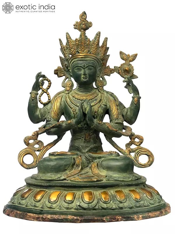 18" Tibetan Buddhist Deity Chenrezig (Four-Armed Avalokiteshvara) In Brass | Handmade | Made In India