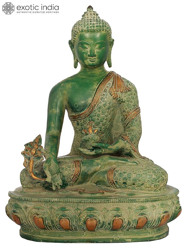 13" Medicine Buddha Idol Robe Decorated with Vishwa Vajra | Handmade Brass Statue