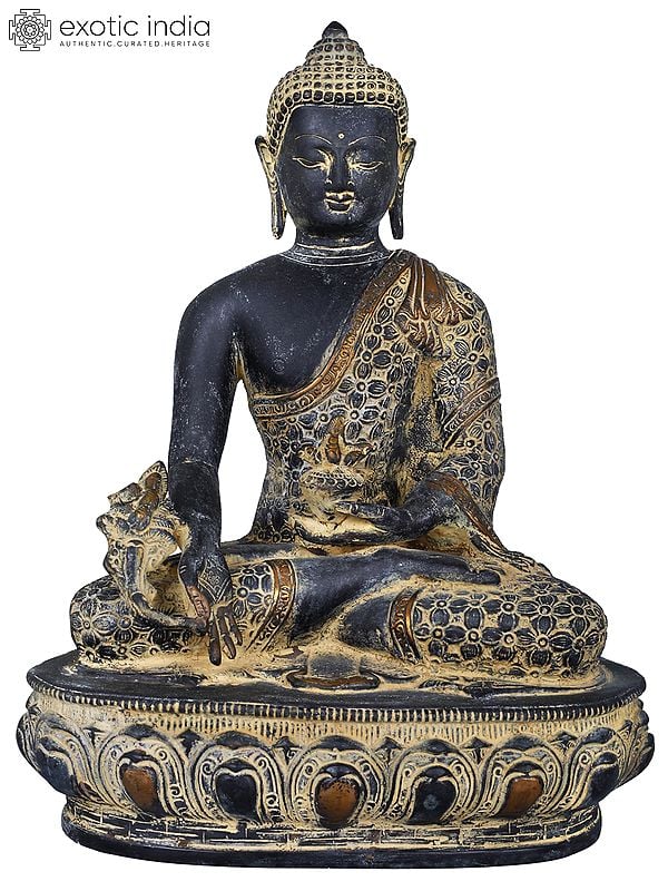 13" Medicine Buddha Idol Robe Decorated with Vishwa Vajra | Handmade Brass Statue